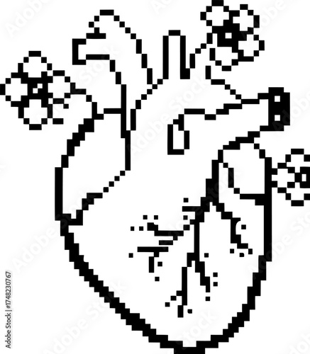 Pixel art human heart with blooming flowers, minimal monochrome design symbolic organic anatomy and nature fusion