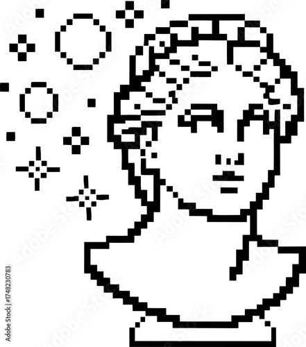 Pixel art classical bust with abstract geometric stars and circles retro digital design, ancient sculpture inspiration