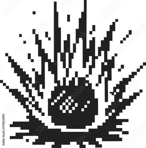 Pixel explosion icon black and white retro burst, dynamic energy impact, digital destructive effect, abstract destructive force