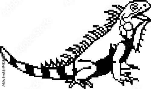Black and white pixel iguana illustration retro pixelated lizard art, minimal reptile animal design, vintage digital drawing