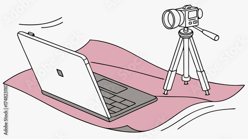 Equipment Setup for Content Creation Laptop Camera and Tripod.
