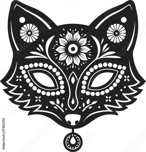 Ornamental fox head with floral mandala accents, symmetrical black and white tribal inspired animal mask illustration