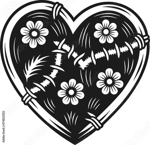 Stitched heart with flowers and barbed wire broken love, healing, emotional pain, recovery, symbolic illustration