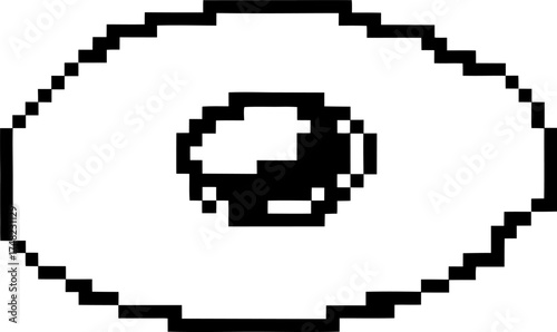 Pixelated fried egg illustration minimalist black and white art, retro digital breakfast graphic, pixel food concept