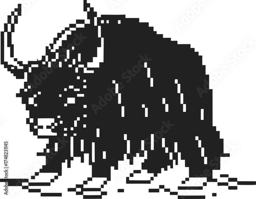 Pixel art yak illustration black and white mountain animal, retro style, heavy fur, horns, digital eight bit graphic