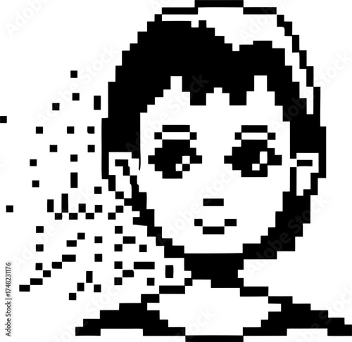 Pixel art young boy portrait, retro computer graphics minimal black and white drawing, digital face avatar, 8 bit