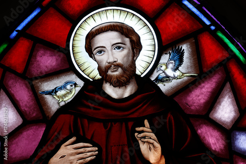 St Anthony of Padua Church.  Stained glass. Saint Francis of Assisi wearing the stigmata. Vung Tau. Vietnam.