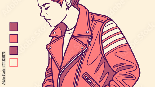 Fashion illustration of a person in a red leather jacket.