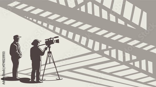 Filming crew silhouette with geometric shadows.