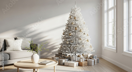 Minimalist Scandinavian Living Room with White Christmas Tree