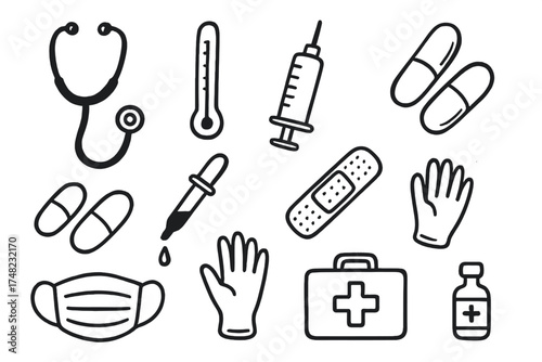 Healthcare Doodle Icons. Healthcare doodle icon set: hand drawn icons of stethoscope, thermometer, syringe, pill, capsule, dropper