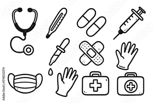Healthcare Doodle Icons. Healthcare doodle icon set: hand drawn icons of stethoscope, thermometer, syringe, pill, capsule, dropper