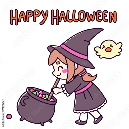 Cute Halloween Witch Stirring Candy Cauldron with Ghost and Happy Halloween Text – Adorable Cartoon Vector Illustration for Kids and Holiday Designs