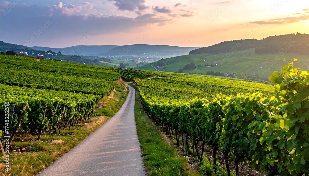 Naklejka premium Scenic vineyard road at sunset
