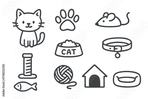 Cute Cat Icons. Cats doodle icon set: hand drawn icons of kitten, paw print, toy mouse, scratching post, food bowl, collar, fish,
