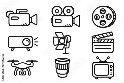 Video Equipment Doodle Icons. Video doodle icon set: hand drawn icons of camcorder, video camera, film reel, projector, spotlight,