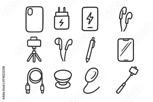 Smartphone Accessories Doodle. Smartphone accessories doodle icon set: hand drawn icons of case, charger, power bank, tripod,