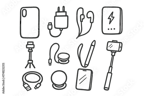 Smartphone Accessories Doodle. Smartphone accessories doodle icon set: hand drawn icons of case, charger, power bank, tripod,
