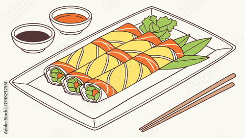 Fresh Rolls with Dipping Sauces Illustration.