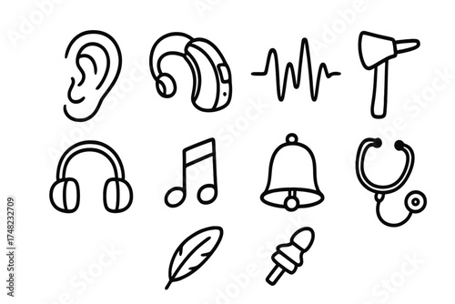 Hearing Icon Doodles. Hearing doodle icon set: hand drawn icons of ear, hearing aid, sound wave, otoscope, headphone, earplug,