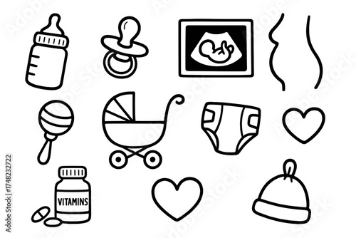 Pregnancy Doodle Icons. Pregnancy doodle icon set: hand drawn icons of baby bottle, pacifier, ultrasound, belly, rattle, stroller,