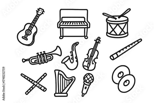 Musical Instrument Doodles. Music instruments doodle icon set: hand drawn icons of guitar, piano, drum, trumpet, violin, saxophone
