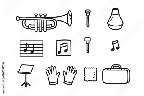 Trumpet Icon Set. Trumpet doodle icon set: hand drawn icons of trumpet, mouthpiece, mute, sheet music, valve, stand, notes, gloves
