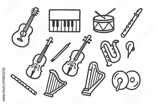 Musical Instrument Doodles. Music instruments doodle icon set: hand drawn icons of guitar, piano, drum, trumpet, violin, saxophone
