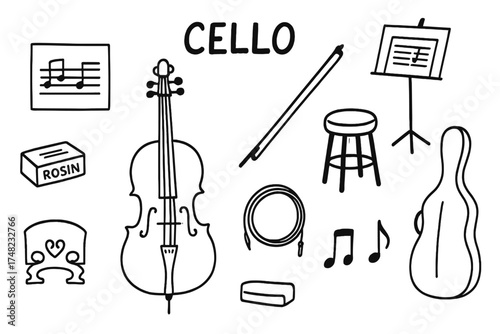 Cello Icon Set. Cello doodle icon set: hand drawn icons of cello, bow, stand, stool, sheet music, rosin, case, strings, bridge,