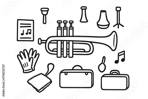 Trumpet Icon Set. Trumpet doodle icon set: hand drawn icons of trumpet, mouthpiece, mute, sheet music, valve, stand, notes, gloves