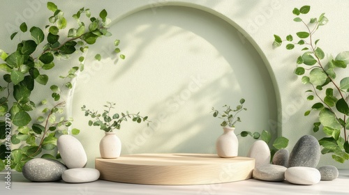 Fototapeta Naklejka Na Ścianę i Meble -  Empty light wood podium with greenery and stones; display product;  background light green