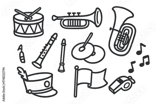 Marching Band Icons. Marching band doodle icon set: hand drawn icons of snare drum, trumpet, tuba, cymbals, clarinet, baton,