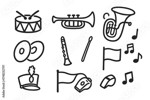 Marching Band Icons. Marching band doodle icon set: hand drawn icons of snare drum, trumpet, tuba, cymbals, clarinet, baton,