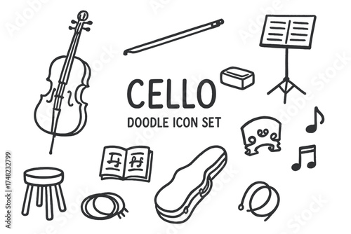 Cello Icon Set. Cello doodle icon set: hand drawn icons of cello, bow, stand, stool, sheet music, rosin, case, strings, bridge,