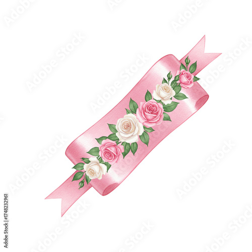Pink Ribbon with Roses Decoration, Wedding Design Element