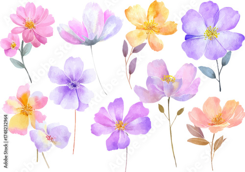 
Set of cute watercolor pastel pink, lilac, and yellow flowers clip art, white background, pastel colors, simple design