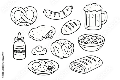 German Food Icons. German food doodle icon set: hand drawn icons of pretzel, sausage, beer mug, schnitzel, bread, potato salad,