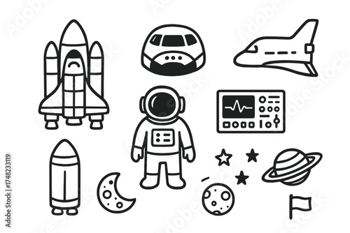 Space Shuttle Doodles. Space shuttle doodle icon set: hand drawn icons of rocket, cockpit, wings, astronaut, control panel, moon,
