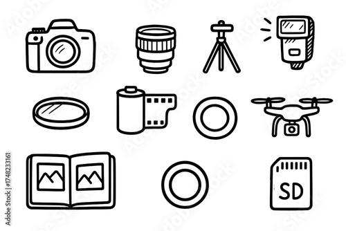Camera Tech Doodle Icons. Camera tech doodle icon set: hand drawn icons of camera, lens, tripod, flash, filter, photo roll,