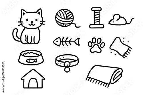 Cat Doodle Icons. Cats doodle icon set: hand drawn icons of kitten, yarn ball, scratching post, mouse toy, fishbone, food bowl,