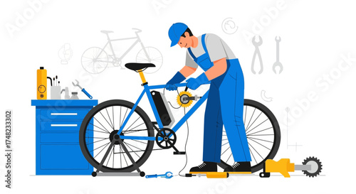 Illustration of a bicycle mechanic repairing an electric bike in his workshop with tools
