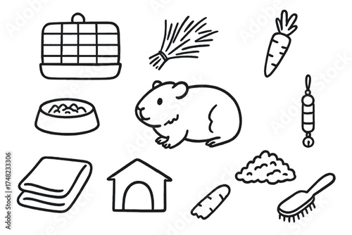Guinea Pig Doodle Icons. Guinea pig doodle icon set: hand drawn icons of guinea pig, cage, hay, food dish, carrot, toy, blanket,