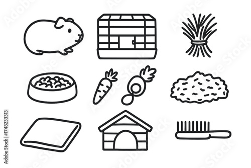 Guinea Pig Doodle Icons. Guinea pig doodle icon set: hand drawn icons of guinea pig, cage, hay, food dish, carrot, toy, blanket,