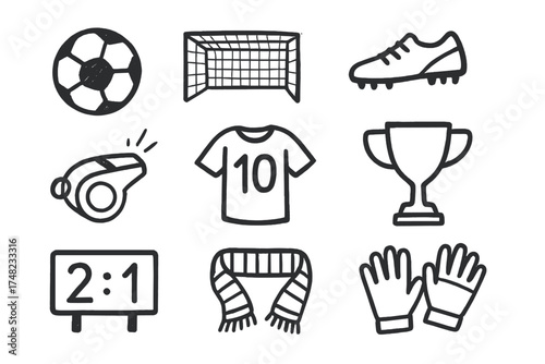 Football Icon Doodles. Football doodle icon set: hand drawn icons of ball, goal, boots, whistle, referee card, jersey, trophy,