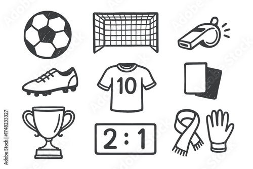 Football Icon Doodles. Football doodle icon set: hand drawn icons of ball, goal, boots, whistle, referee card, jersey, trophy,