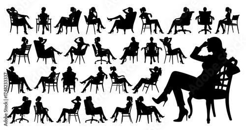 Women Sitting on Chair Silhouette Big Collection, Business and Relaxed Poses, Minimal Transparent Background