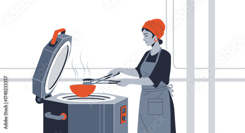 Illustration of a ceramic artist using kiln and tools in a modern ceramic studio setting