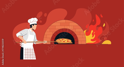 Illustration of a chef baking pizza in a traditional brick oven with fiery backdrop