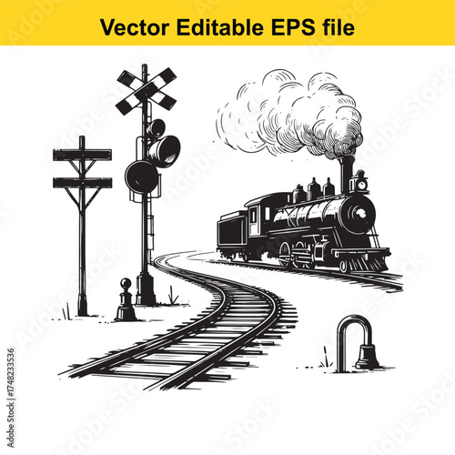 Vector art of vintage steam locomotive with smoke billowing from its chimney, on a curved railway track with signals