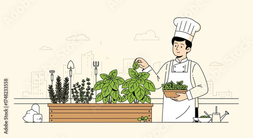 Illustration of a chef harvesting herbs from a rooftop garden with city skyline